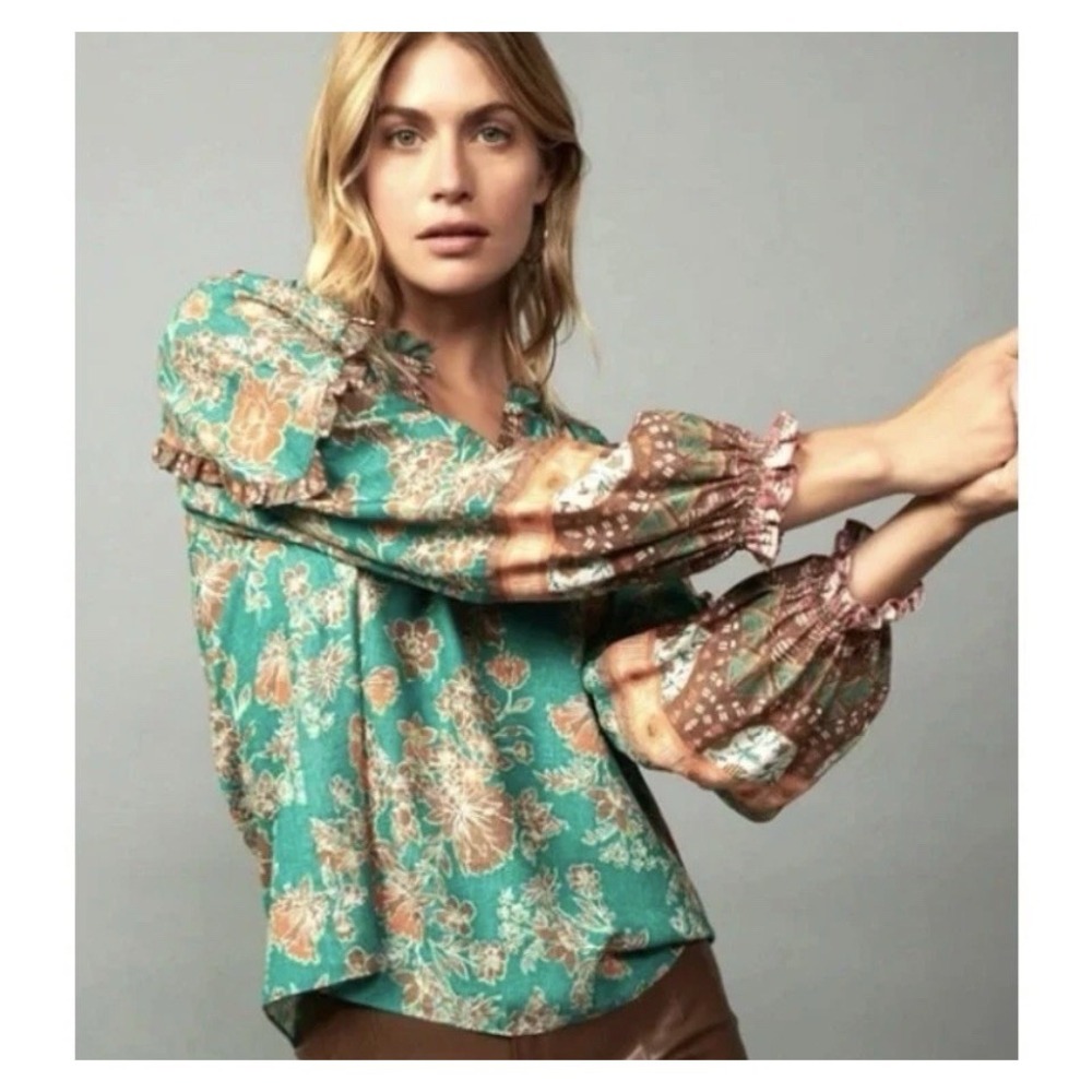 Current Air Teal Floral Puff-Sleeve Blouse with Brown Accents